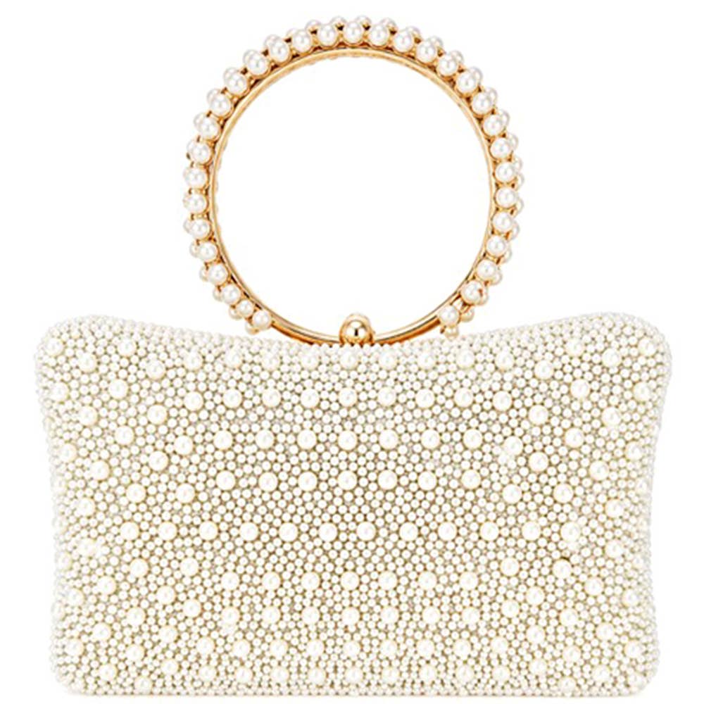 Pearl All Over Round Handle Evening Clutch Bag, LVBA 0424